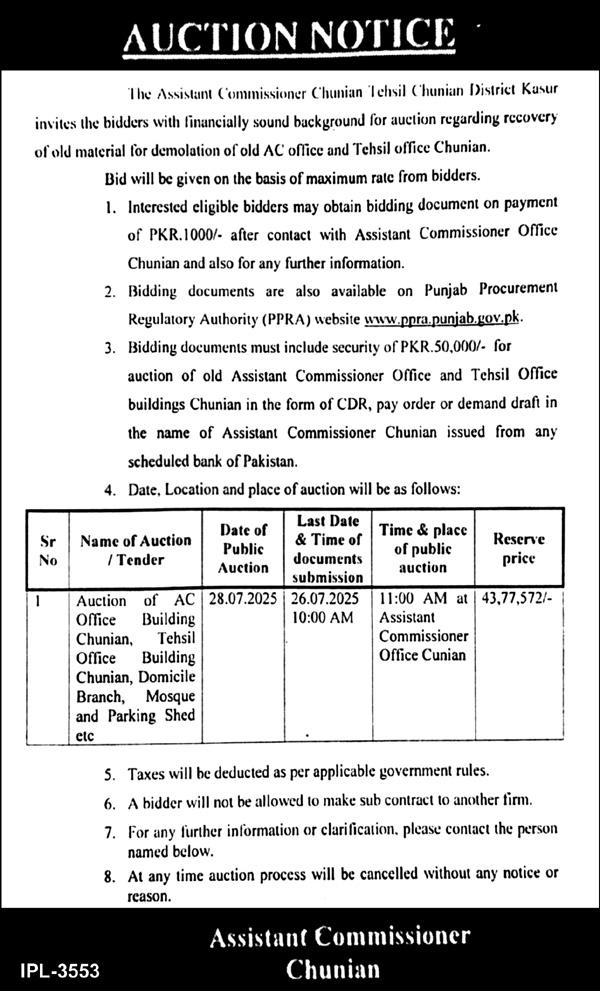 The Assistant Commissioner Chuian Tehsil Tender Notice
